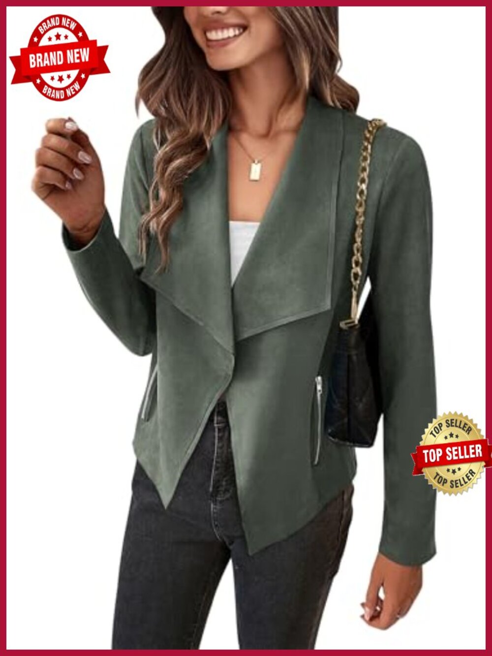 Faux Suede Cropped Jacket Waterfall Collar Open Front